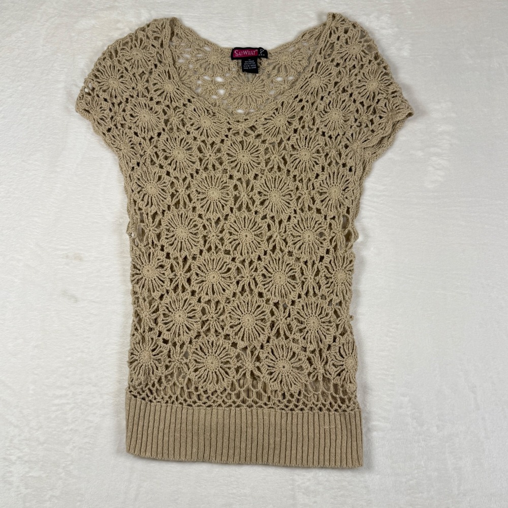 Y2K Say What Beige Crochet Short Sleeve Knit Top Women's M‎ Boho